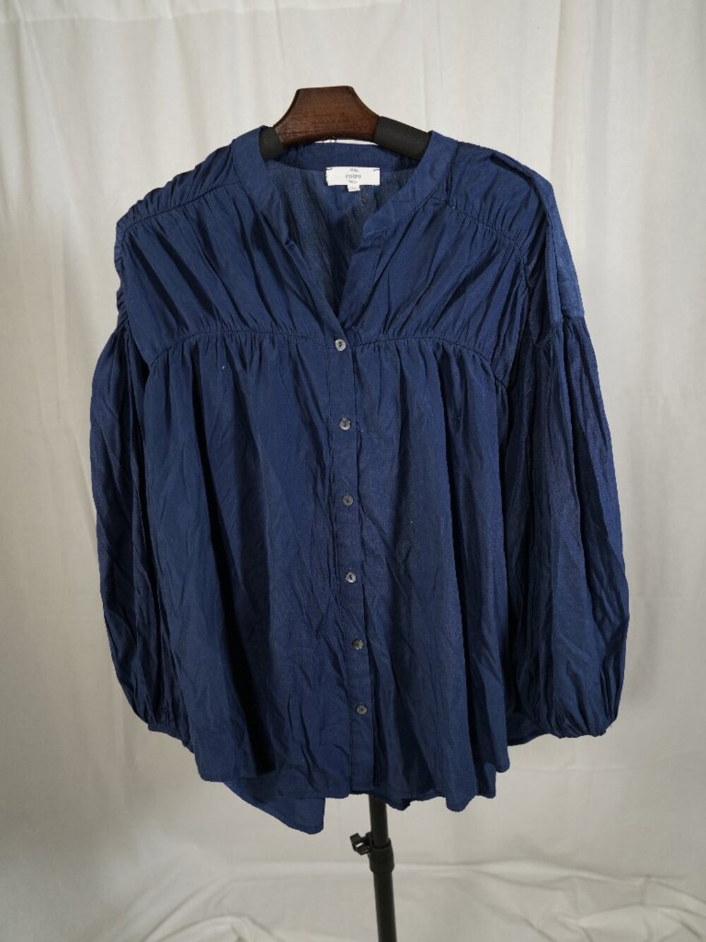 Entro Anthropologie Navy Babydoll Blouse L Boho Balloon Sleeve Coastal Cottageco